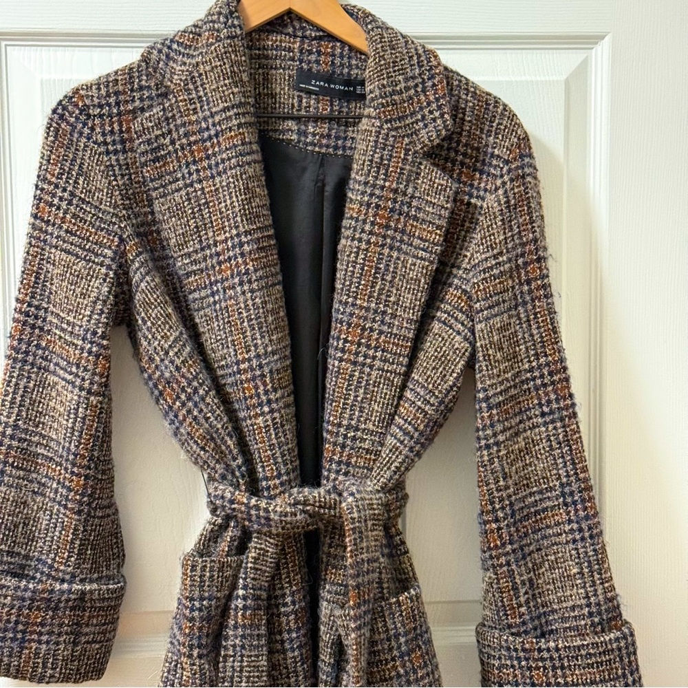 Zara brown plaid wool mohair blend belted tweed coat trench tie waist minimal - Picture 2 of 7